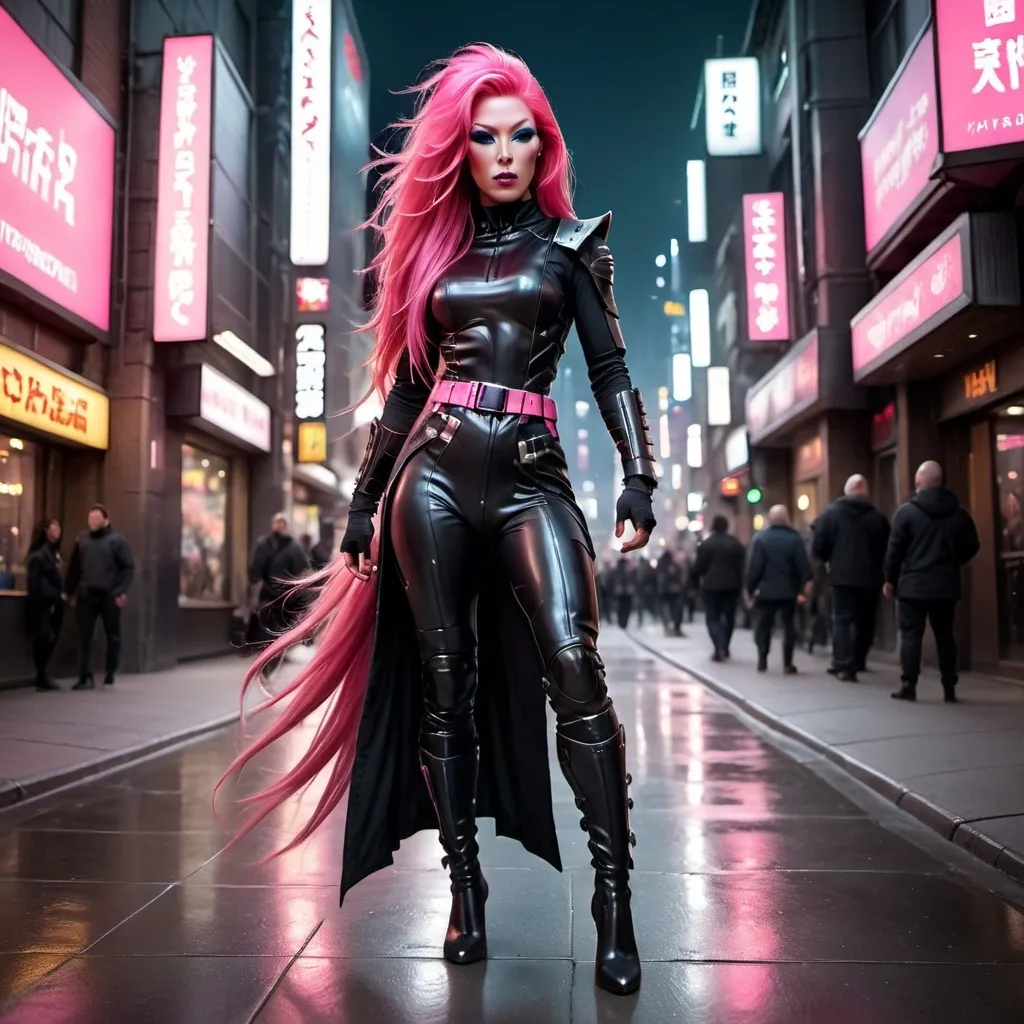 Prompt: hyperrealistic ((full body length)) image of a Gorgeous 35-year-old ninja drag queen goddess, ridiculously long pink straight shiny hair (((blowing in the wind))), green eyes, wearing a tight form-fitting black catsuit and 8 inch high heel boots, ready to engage posture in an illuminated city center at midnight, armed with a katana, wearing a tactical utility belt. Science fiction cyberpunk scenario. highres, 8k, masterpiece, detailed face, detailed hair, detailed eyes, detailed body, perfect anatomy. Composition focus on full-body and legs.