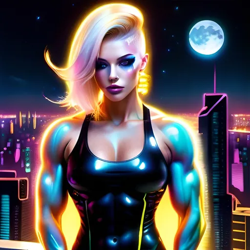 Prompt: (Cyberpunk aesthetic), (gorgeous ultra-muscular25-year-old Czechian drag queen bodybuilder), (asymmetric haircut), (heavenly beauty), showcasing (perfect anatomy), arms elegantly tucked behind her back, bathed in radiant (golden moonlight), at a dreamy (moonlit night), vivid neon cityscape in the background, rich contrasts of warm tones and cool hues, ultra-detailed, capturing an ethereal yet modern vibe, visually striking and enchanting.