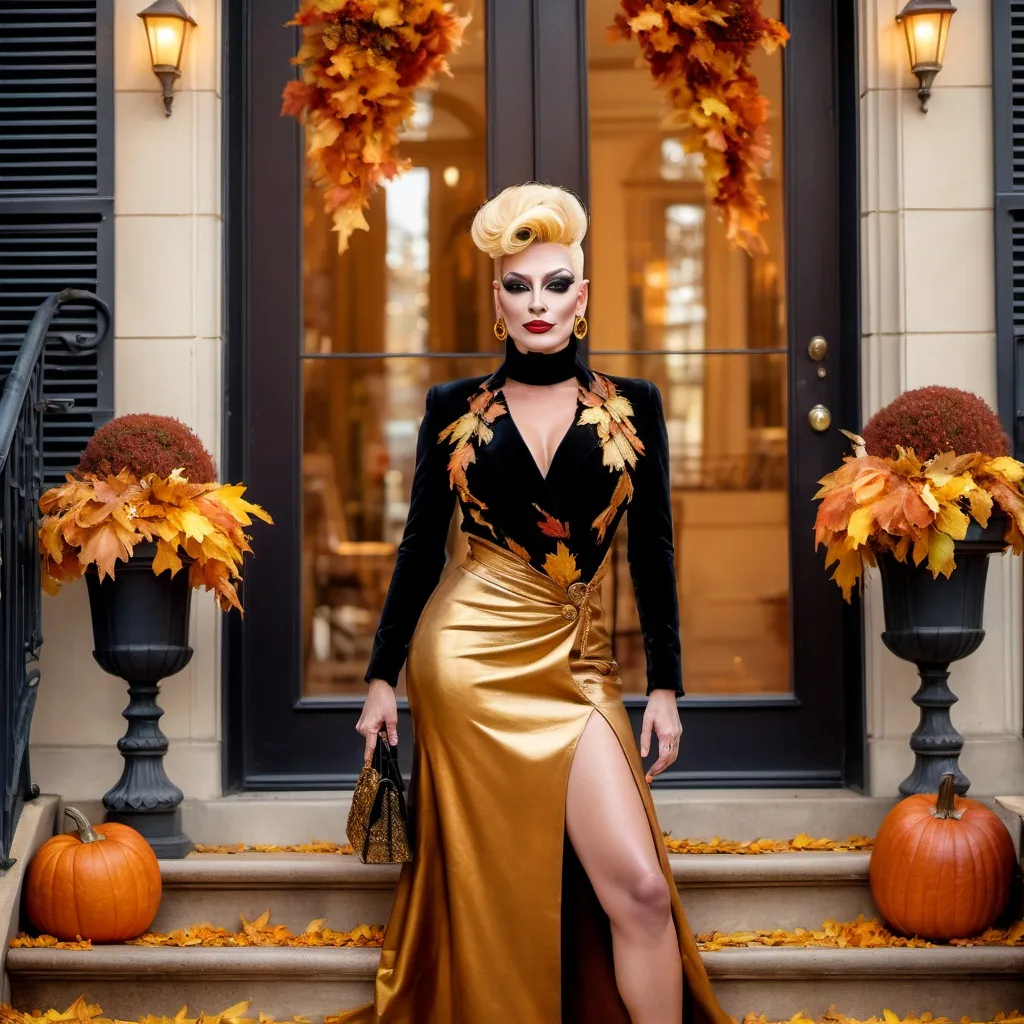 Prompt: (Edgy gorgeous 35-year-old Parisan drag queen on front steps of the house ), (Parisian autumn), stylish outfit with warm layers, golden and amber leaves swirling, cozy ambiance, rich colors of fall, charming Parisian architecture backdrop, softly glowing lights, HD, inviting atmosphere, gently falling leaves, details like a chic handbag and fall flowers nearby, conveying a sense of warmth and seasonal beauty.