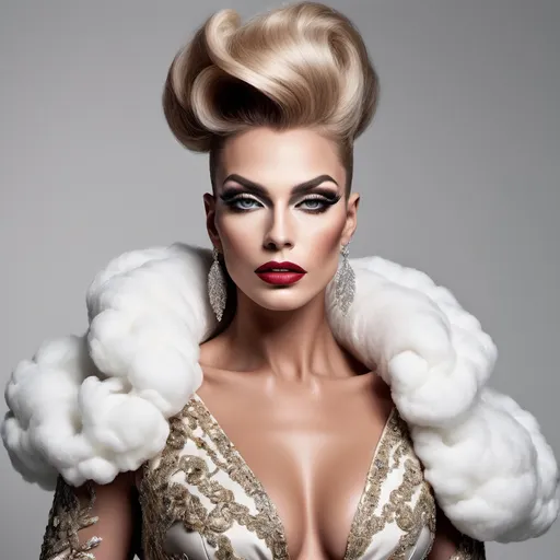 Prompt: A mesmerizing portrait graces the cover of an elite fashion magazine, capturing the essence of high-end sophistication. Set against a Cloud-white backdrop, the gorgeous, muscular, French drag queen (slight masculine jawline and brow features), model exudes confidence and allure, Large busom, adorned in exquisite fashion garments that epitomize elegance and class. This breathtaking image transcends traditional notions of style, embodying an innovative vision of haute couture that pushes the boundaries of modern aesthetics.