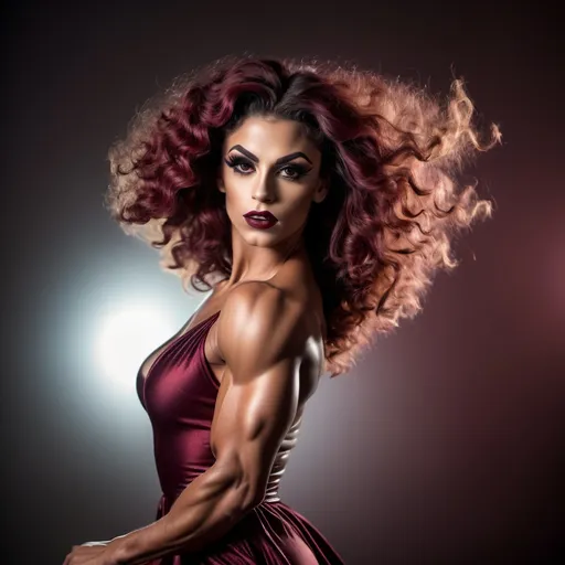 Prompt: A gorgeous muscular 25-year-old Portuguese drag queen bodybuilder (very strong masculine jawline and brow features) dancer in motion, with she wearing courful long frock, dark eyeshadow, burgundy lipstick and she has curly hair, she warship to sun , sun rise captured with long exposure photography Nikon D850 DSLR camera f/4. ISO 200