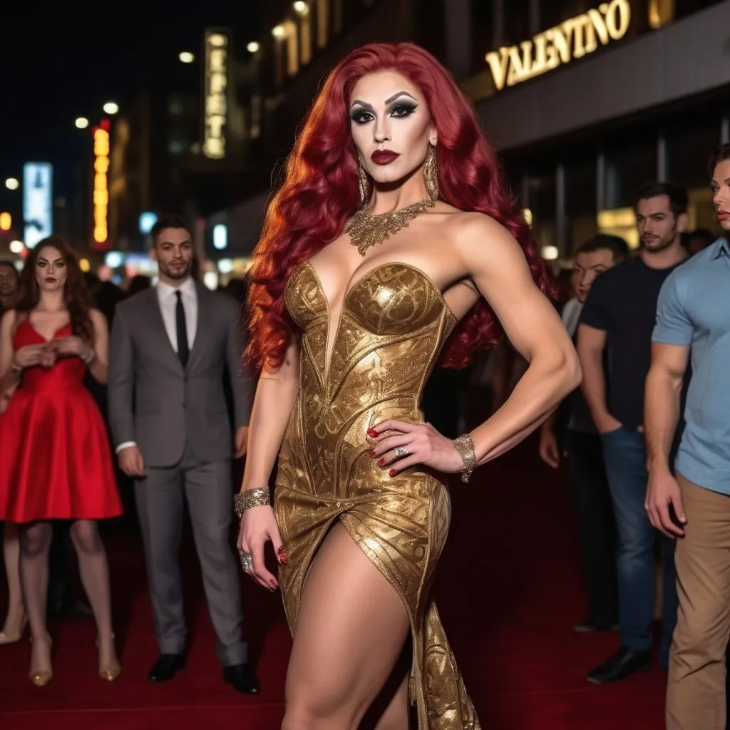 Prompt: 64k Hi-res digital detailed full-body photograph of A gorgeous muscular 25-year-old Romanian drag queen bodybuiler with extremely long wavy dark red hair wearing a very detailed golden Valentino Dress and 8 inch stiletto high heel shoes at a movie premiere at night.