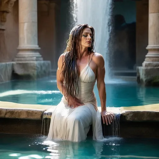 Prompt: A beautiful muscular 35-year-old roman drag queen in a white dress with one bare shoulder submerged in water up to her waist under an artificial waterfall in an ancient Roman bath turquoise clear pool . She tilts her head back holding her hands on her hair eyes closed enjoying the refreshing water cascading over her long hair . Column , pots with palms , roman statues . Golden sunlight filtering through the windows . Dust particles in the air