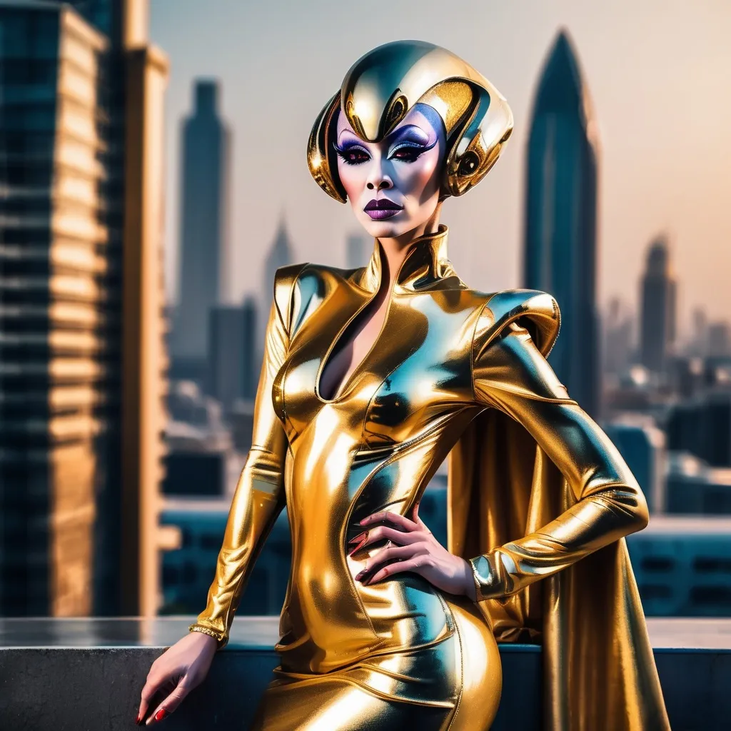 Prompt: Gorgeous alien drag queen wearing golden robes and 8 inch stiletto high heels. Posing with a futuristic city background.