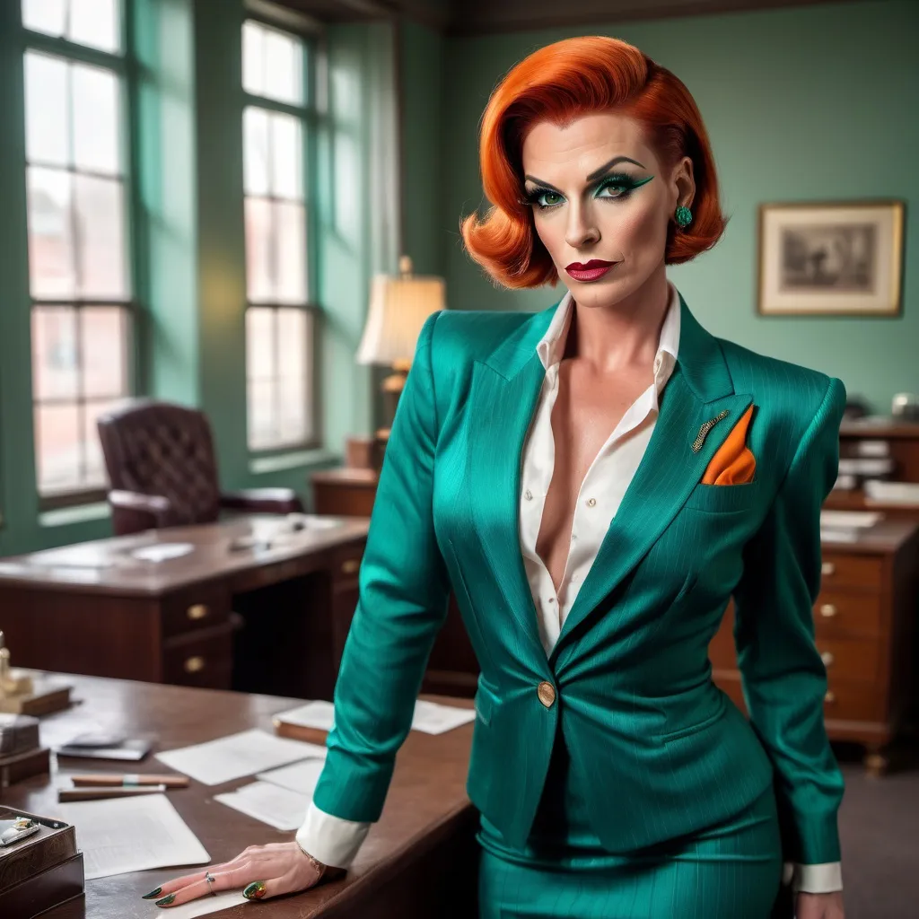 Prompt: Beautiful muscular 35-year-old European drag queen with short silky dark orange hair, piercing green eyes, strong masculine jawline and brow features, upturned brows, white silk blouse, teal pin-striped blazer & matching pencil skirt, teal pumps, standing in a shabby 1930s office, holding a lit cigarette, wisps of smoke, film noire ambiance, high detail & quality, incandescent light, 8k, cinematic photo.