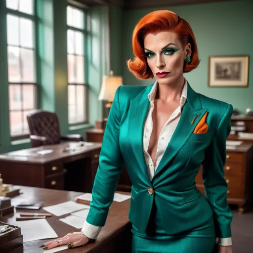 Prompt: Beautiful muscular 35-year-old European drag queen with short silky dark orange hair, piercing green eyes, strong masculine jawline and brow features, upturned brows, white silk blouse, teal pin-striped blazer & matching pencil skirt, teal pumps, standing in a shabby 1930s office, holding a lit cigarette, wisps of smoke, film noire ambiance, high detail & quality, incandescent light, 8k, cinematic photo.