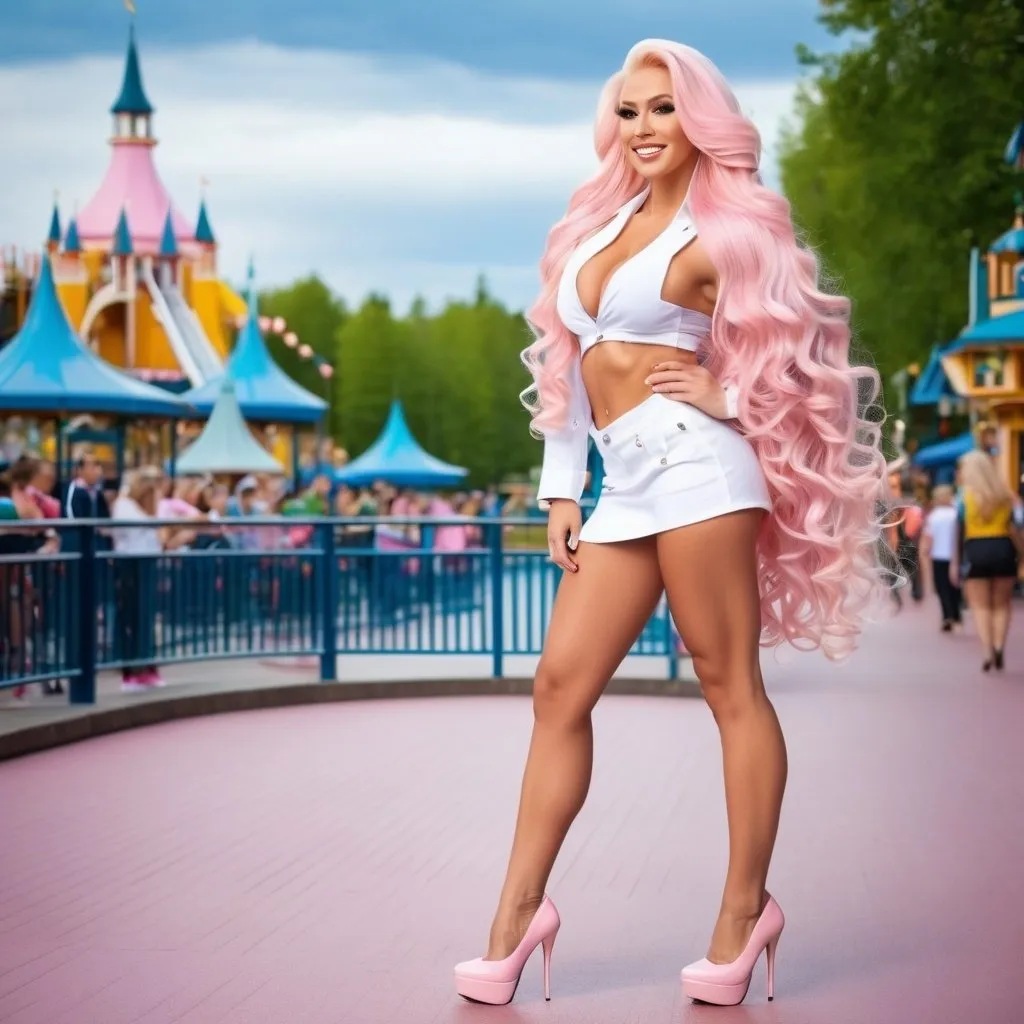 Prompt: Gorgeous  ultra-muscular  25-year-old  Finnish bodybuilder wearing a private school uniform, best quality, ultra high res, (ridiculously long wavy platinum pink hair), (huge busom), 8 inch stiletto high heel shoes,  full body view, theme park, realistic, happy. 