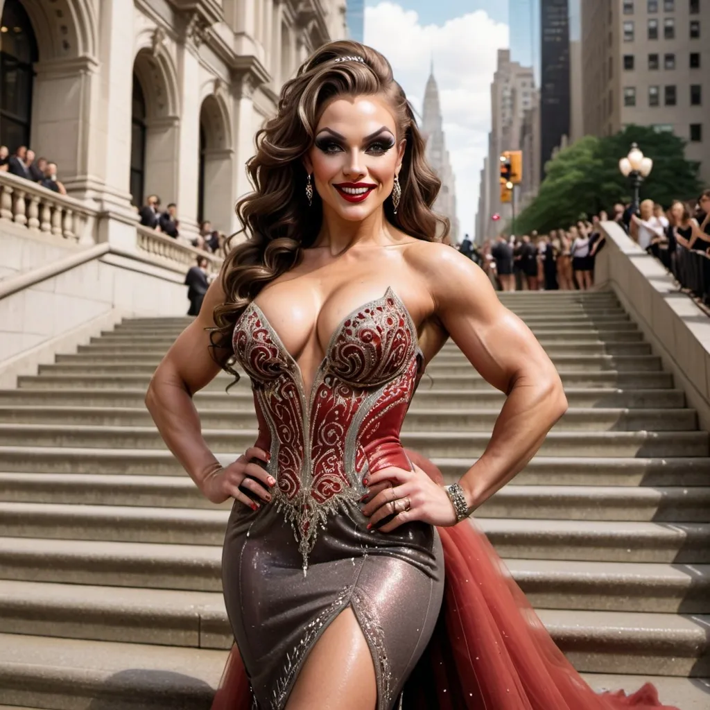 Prompt: Glamour photography of Gorgeous ultra-muscular 25-year-old (Caucasian) Russian drag queen bodybuilder with a huge busom, and very long wavy black & grey tight updo hair on the Met Gala steps in New York wearing designer bronze and red gown with long train, intricate details, glitter and jewels, posed 3/4 turn standing, smile, in the style of Guy Aroch