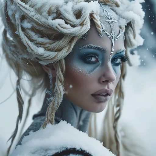Prompt: Snow swirling into gorgeous Icelandic goddess drag queen with muscular physique made of ice, minimalistic, sleek