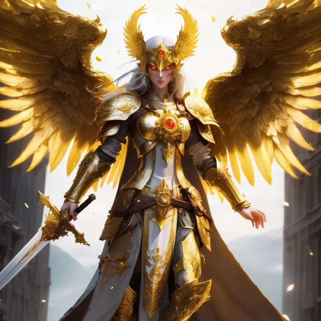 Prompt: DnD style Aasimar with golden mask, sword, and shield, glowing golden eyes, intricate gold details, high quality, fantasy, detailed armor, radiant lighting, heroic pose, divine aura, female, Full Mask