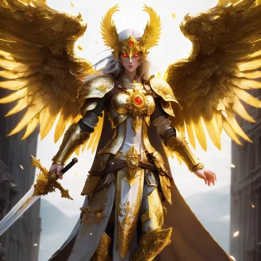 Prompt: DnD style Aasimar with golden mask, sword, and shield, glowing golden eyes, intricate gold details, high quality, fantasy, detailed armor, radiant lighting, heroic pose, divine aura, female, Full Mask