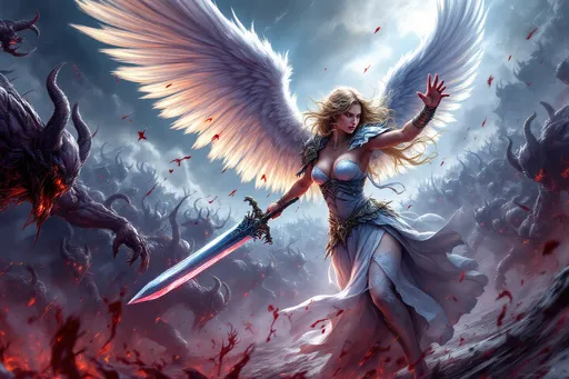 Prompt: Gorgeous angel warrior fighting her way through hell with only a large sword. Bloody demon hoard in background. 