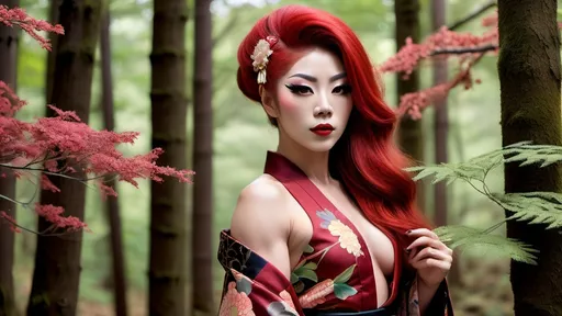 Prompt: Full body gorgeous ultra-muscular 25-year-old Japanese drag queen bodybuilder in a kimono, serene forest setting, traditional Japanese art style, long red hair, vibrant colors, detailed floral patterns, soft and natural lighting, detailed facial features, dark smoky eyeshadow, heavy mascara, dark red lipstick, peaceful atmosphere, high quality, traditional, serene forest, detailed kimono, vibrant colors, Japanese art style, 25-year-old, detailed facial features, natural lighting