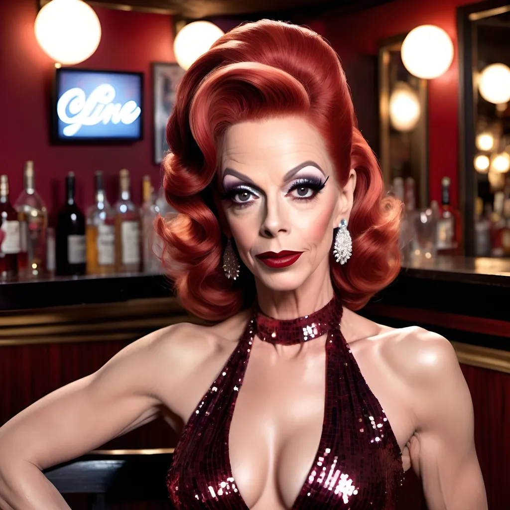 Prompt: What if Don Knotts was transformed into a gorgeous muscular 45-year-old drag queen with long red updo hair, dark eyeshadow and dark lipstick,  wearing a gorgeous Bob Mackie sequined gown. Posing in a dirty local bar.