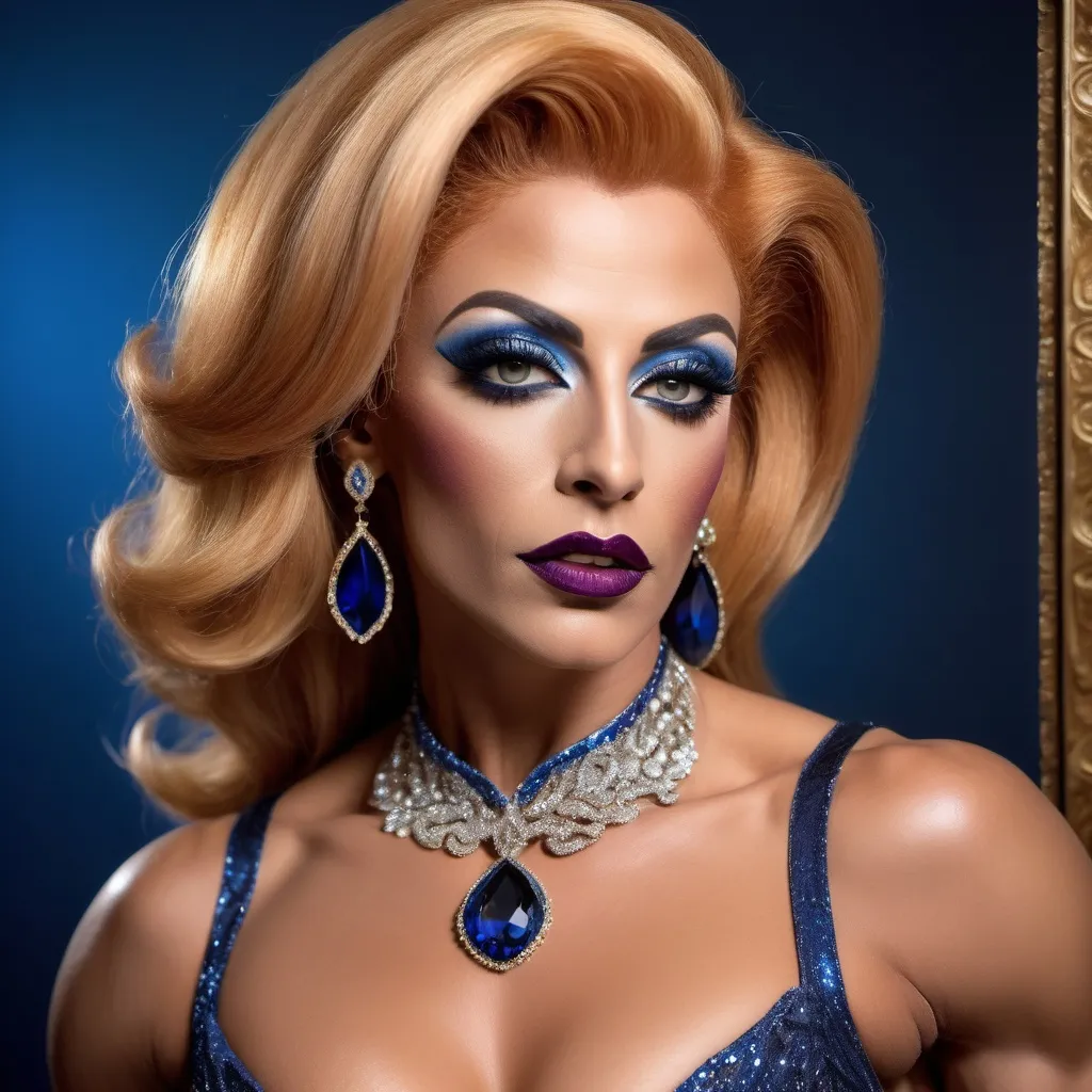 Prompt: Glamorously dressed gorgeous muscular 35-year-old olive-skinned Turkish drag queen bodybuilder (strawberry-blonde hair, dark lipstick, drag queen facial features) of the 1990s, adorned with exquisite sapphire jewelry, striking deep blue eyes, vintage fashion with elegant silhouette, intricate details in designer clothing,  luxurious ambiance, soft lighting.