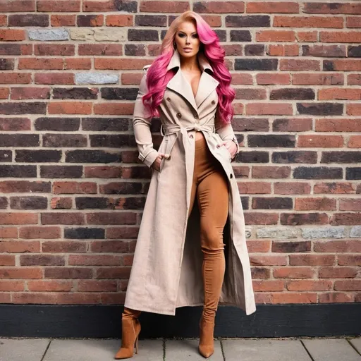 Prompt: Gorgeous ultra-muscular 25-year-old Finnish goddess bodybuilder with huge busom and ridiculously long flowing pink hair, standing in front of a brick wall wearing a long brown tweed trench coat and beige turtle neck underneath, brown corduroy pants and 8 inch stiletto high heel shoes, Christian Hilfgott Brand, dau-al-set, brown, a digital rendering