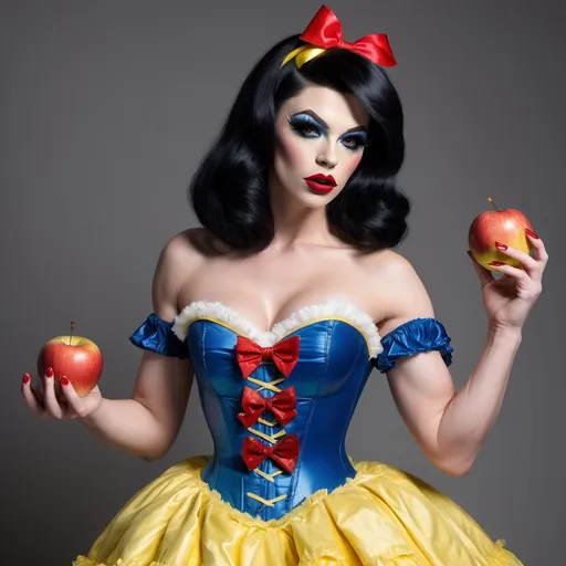 Prompt: Gorgeous ultra-muscular 25-year-old well endowed Finnish drag queen (strong masculine jawline and brow features) with dark eyeshadow,  dark lipstick, and ridiculously short shiny black hair dressed as Snow White with a yellow frilly dress, a blue & red corset, a red ribbon in her hair, and 8 inch stiletto high heel shoes.  Holding an apple in a quaint cottage.