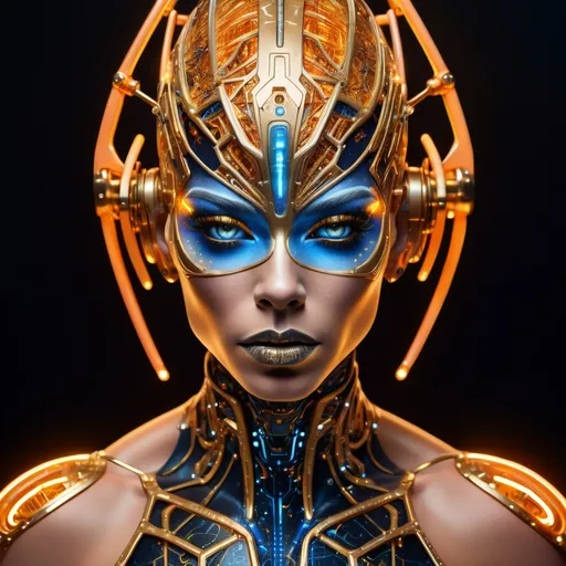 Prompt: A hyper-realistic portrait of a futuristic muscular cybernetic drag queen whose face is symmetrically divided into a glowing, biomechanical side and a human, expressive side. The cybernetic side is composed of intricate gold and orange circuitry with shards and glowing fragments, while the human side features soft skin with subtle highlights reflecting blue ambient light. The black background is a soft blur of a few neon orange and blue-green lights, creating a cinematic high-tech atmosphere. The composition emphasises her piercing green eyes and the detailed textures of skin and metal. The lighting is a dynamic mix of warm and cool tones, adding depth and drama to the scene. The mood is mysterious and ethereal, evoking both humanity and technological transcendence. Highly detailed, photorealistic rendering with an emphasis on depth of field and reflective surfaces.