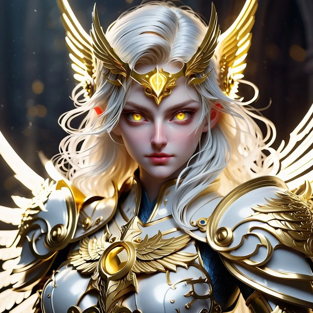 Prompt: DnD style Aasimar with golden mask, sword, and shield, glowing golden eyes, intricate gold details, high quality, fantasy, detailed armor, radiant lighting, heroic pose, divine aura, female, Full Mask