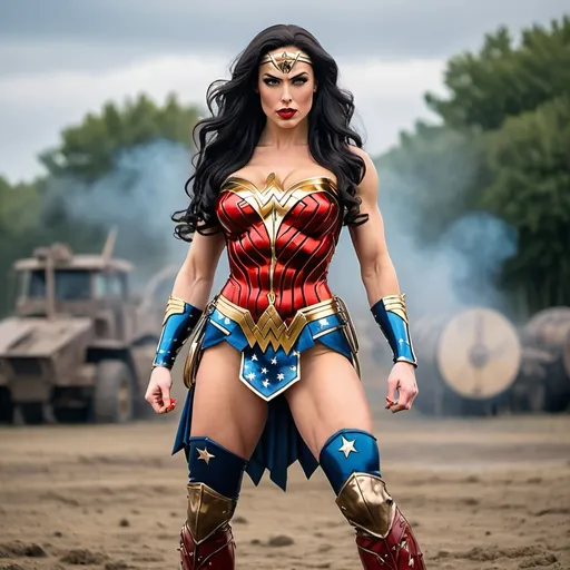 Prompt: Gorgeous ultra-muscular 25-year-old Baltic drag queen bodybuilder Wonder Woman (((DC Comics))) with large busom and long black shiny hair, 8 inch stiletto high heel boots. Twirling her golden lasso on a battlefield. 