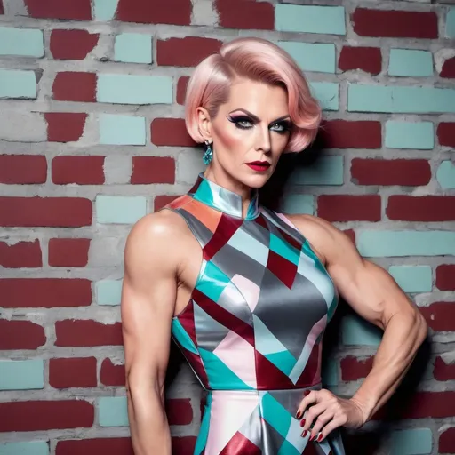 Prompt: vogue full body editorial photoshoot of a gorgeous muscular 35-year-old German drag queen bodybuilder, thirties, wearing a colorful mod pattern dress, pastels, retrofuturist style icon, smoky eyes,  dark red glossy lips, Short Pixie Bob Hair, dynamic pose, Mod, drab gray brick wall background,  --stylize 250.0
