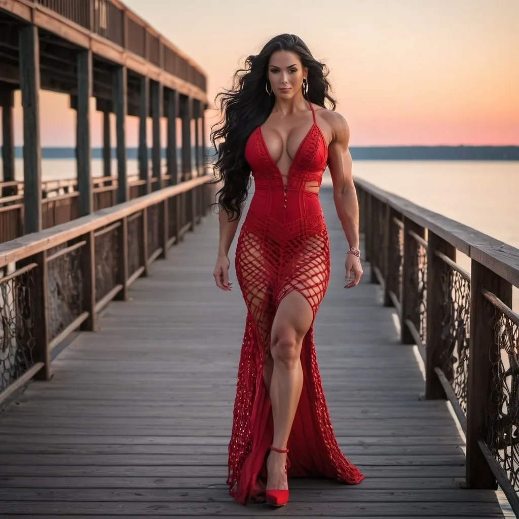 Prompt: Gorgeous ultra-muscular 25-year-old Finnish goddess bodybuilder with huge busom and ridiculously long wavy black hair wearing a beautiful red macrame dress and 8 inch stiletto high heel shoes walking on the boardwalk at dusk.