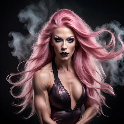 Prompt: Gorgeous ultra-muscular 25-year-old Norwegian drag queen bodybuilder Dancer with ridiculously long flowing pink hair captured in motion, smokey eye shadow and dark lipstick, long exposure photography, Nikon D850 DSLR camera, f/4, ISO 200, high quality, long exposure, Nikon D850, DSLR camera, detailed movement, professional photography, artistic motion blur, dramatic lighting