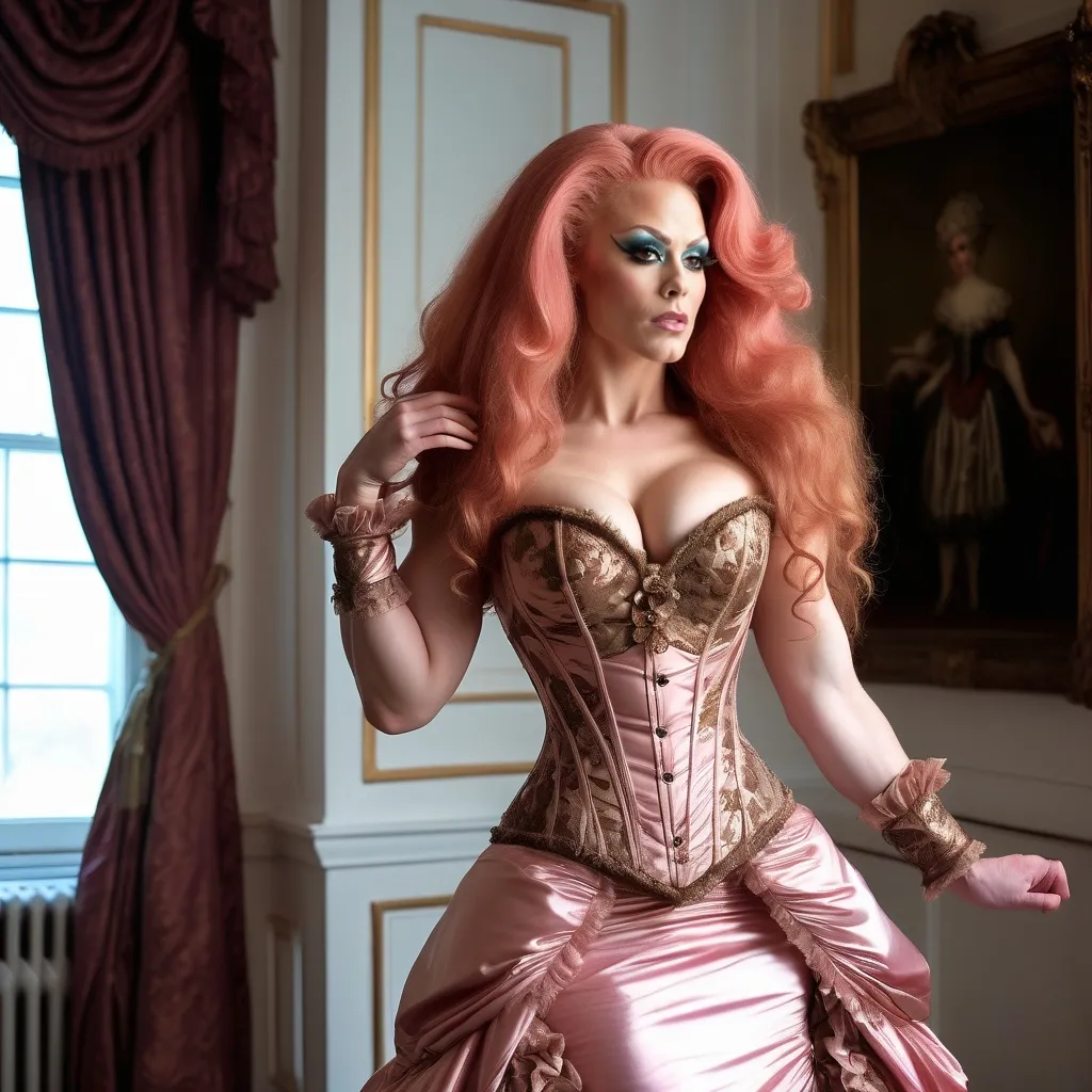 Prompt: Gorgeous muscular 25-year-old Finnish drag queen (strong masculine facial features) bodybuilder with big busom and ridiculously long flowing pink hair, poses in an ornate 19th century corset and ruffled gown, sunlight from a nearby window caressing her skin and lighting up intricate bronze brocade detailing. In the style of Mark Laita.