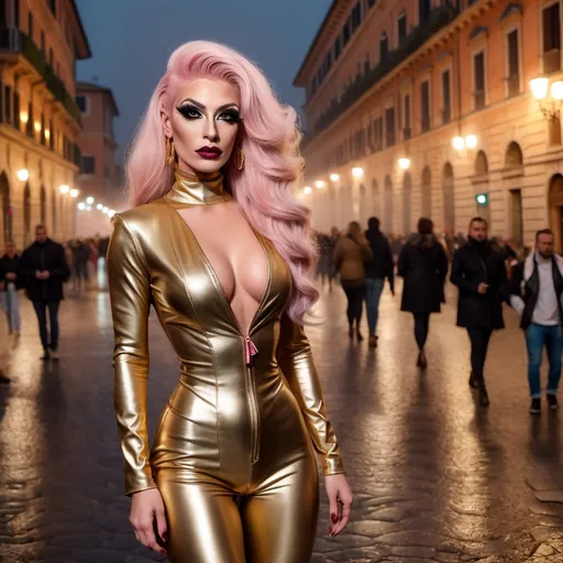 Prompt: Mysterious, Tall, gorgeous, muscular, 21-year-old Italian drag queen with platinum pink stylish hair, dark eyeshadow,  and dark red lipstick, wearing a beautiful gold outfit and 8 inch stiletto gold thigh-high stiletto high heel boots, walking the streets of Rome on a foggy evening.