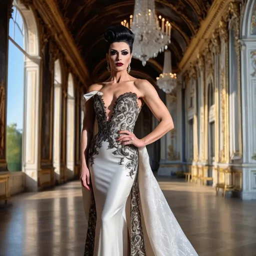 Prompt: Design a modern glamorous wedding dress worn by a real life gorgeous muscular 35-year-old Turkish drag queen ((strong masculine jawline and brow features)) model dress to be daring and glamorous and elegant, dark eye makeup, dark lipstick.  Posing in the Palace of Versailles.