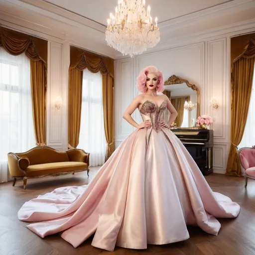 Prompt: elegant muscular 21-year-old Czechian drag queen bodybuilder with big busom, dark red lipstick, full lips, and platinum pink hair, adorned in a luxurious gown, standing gracefully, golden color palette, opulent room with high ceilings, warm lighting, rich velvet curtains draping, plush furniture, intricate moldings, ambient glow enhancing the glamour, intricate details creating a sense of sophistication, lavish decor, ultra-detailed, 4K quality, dramatic atmosphere.