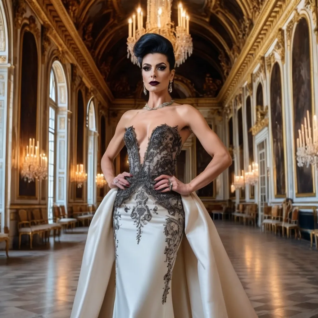 Prompt: Design a modern glamorous wedding dress worn by a real life gorgeous muscular 35-year-old Turkish drag queen ((strong masculine jawline and brow features)) model dress to be daring and glamorous and elegant, dark eye makeup, dark lipstick.  Posing in the Palace of Versailles.