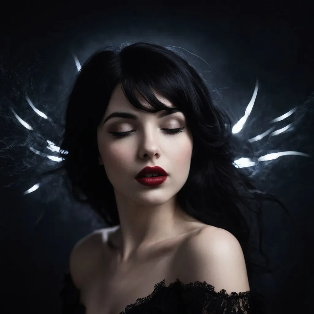 Prompt: Dark black hair and ruby lips, sparks fly from her fingertips. Echoed voices in the night.
She's a restless spirit on an endless flight.