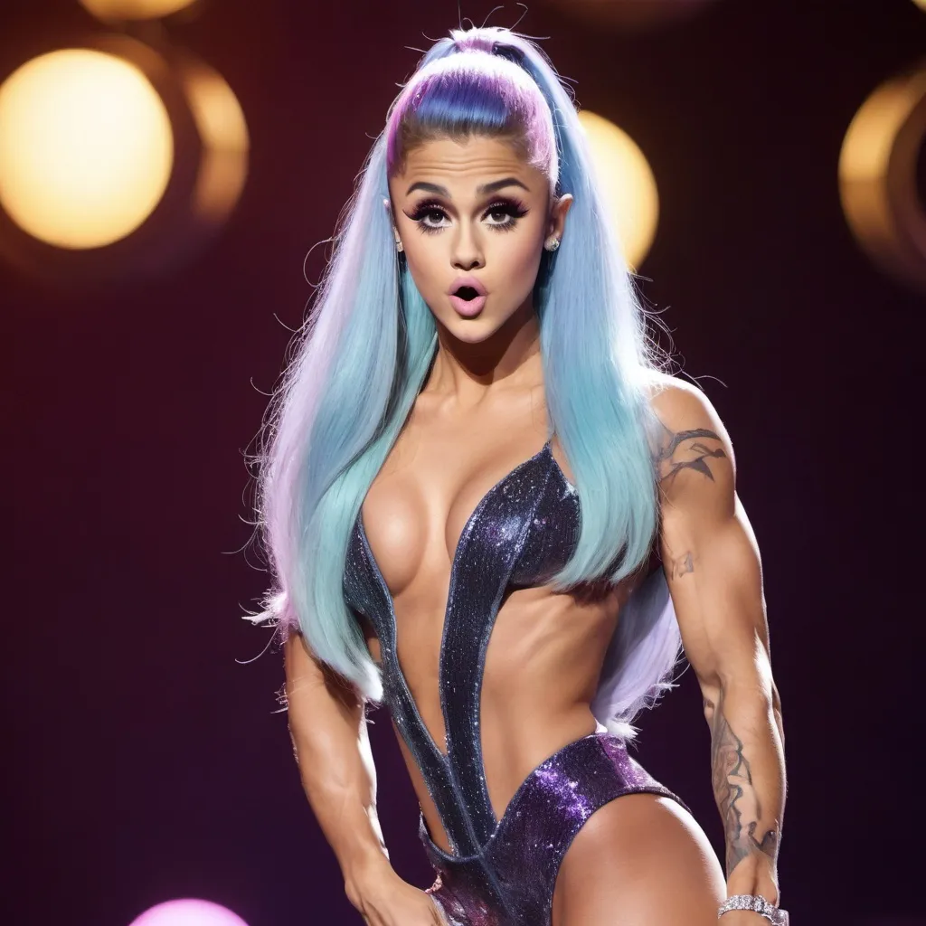 Prompt: Justin Beiber dressed up as a gorgeous ultra-muscular 25-year-old drag queen Ariana Grande performing on stage.