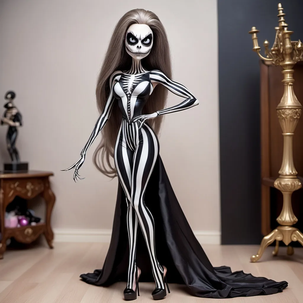 Prompt: Jack Skellington dressed up as a gorgeous ultra-muscular 25-year-old Czechian drag queen bodybuilder with very long hair and beautiful ballroom gown, 8 inch stiletto high heel shoes.