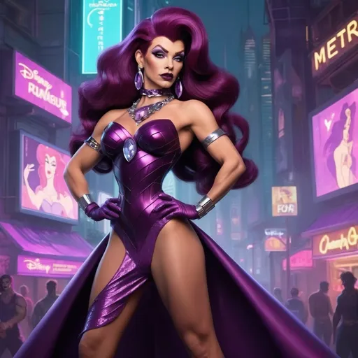 Prompt: Gorgeous muscular cyberpunk drag queen (Disney's) Megara, great legs, crystal high heels,  dark lipstick.