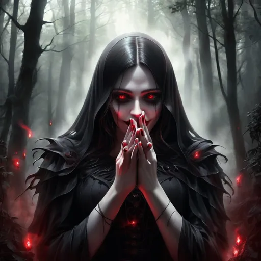 Prompt: a creepy black smoke with red eyes and hands in the dark forest with a light coming from behind it, Anne Stokes, gothic art, dark fantasy art, a digital rendering