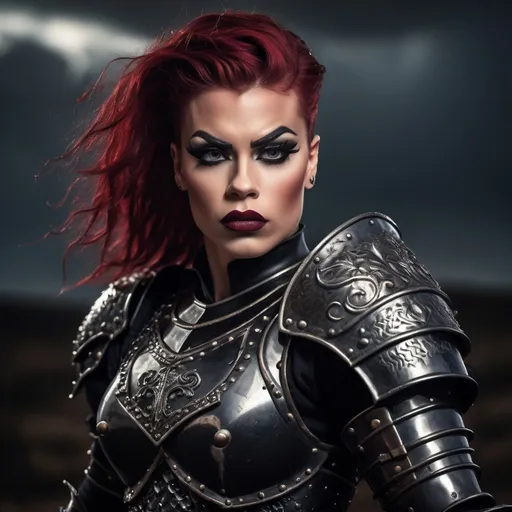 Prompt: A gorgeous muscular 25-year-old British drag queen (medieval knight), (black armor), gripping sword in hand, fierce expression (strong masculine jawline and brow features), dramatic pose, intricate armor details, dark and moody color palette, dark eyeshadow and dark red lipstick, cinematic lighting, highly detailed, stormy background, strong and powerful presence, evokes a sense of bravery and strength, captivating and intense atmosphere, ultra-detailed, 4K resolution, ready for battle. Full body view