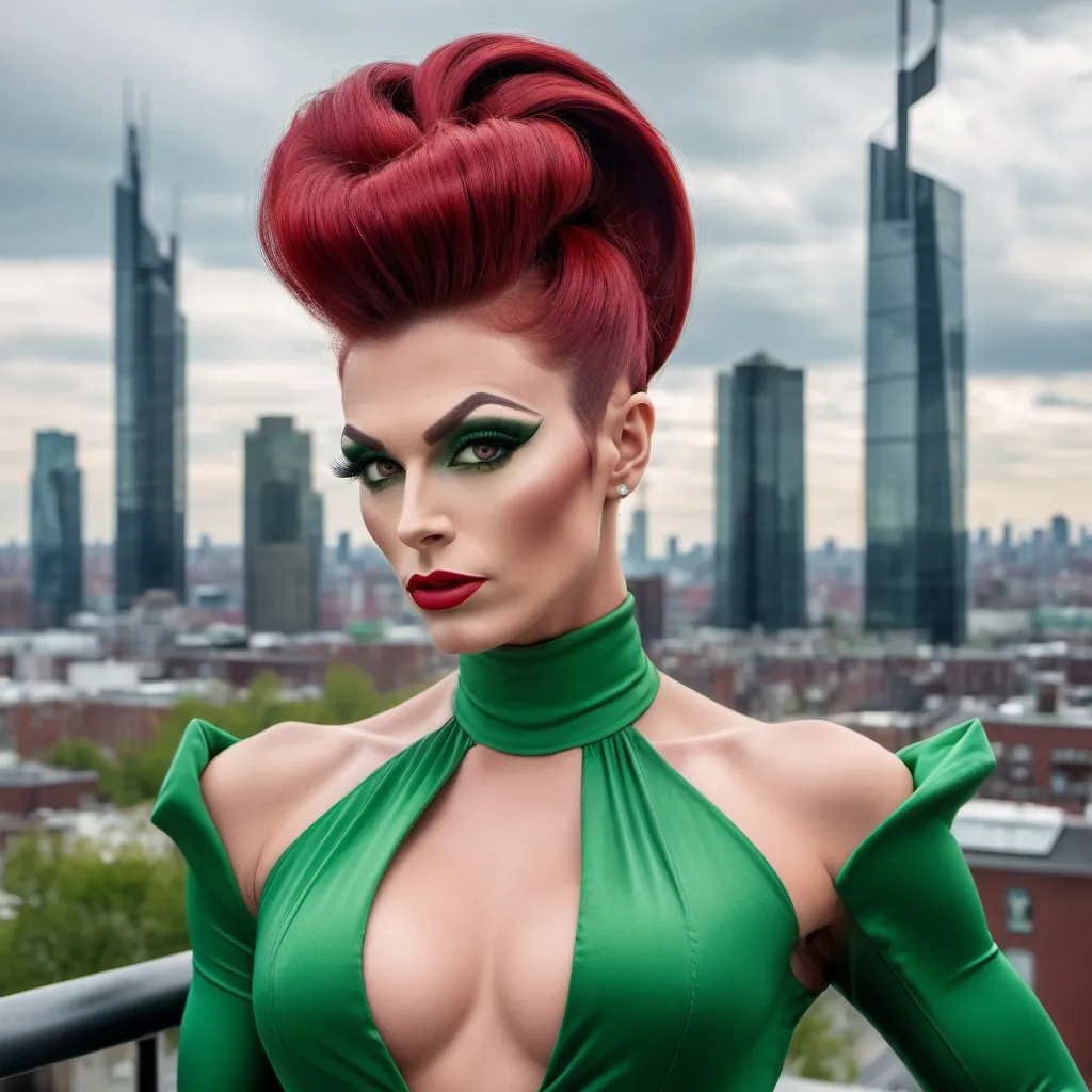 Prompt: Gorgeous muscular 25-year-old Belgian drag queen (strong masculine jawline and brow) with very long dark red tight updo hair in a green outfit and 8 inch stiletto high heel shoes, with a cityscape background, Erlund Hudson, transgressive art, promotional image, a character portrait