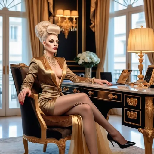 Prompt: Gorgeous French drag queen Personal assistant working in luxurious home, elegant interior design with tasteful decor, soft golden light filtering through large windows, high-end furniture and marble accents, a serene atmosphere exuding wealth and sophistication, organized workstation, stylish attire of the assistant adding professionalism, ultra-detailed, warm ambiance that feels inviting and opulent.