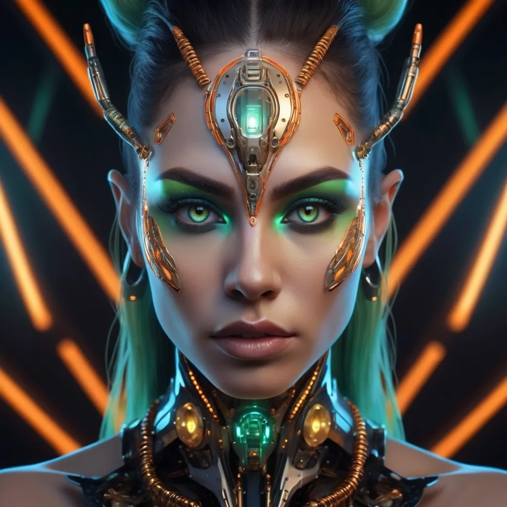 Prompt: A hyper-realistic portrait of a futuristic muscular cybernetic drag queen whose face is symmetrically divided into a glowing, biomechanical side and a human, expressive side. The cybernetic side is composed of intricate gold and orange circuitry with shards and glowing fragments, while the human side features soft skin with subtle highlights reflecting blue ambient light. The black background is a soft blur of a few neon orange and blue-green lights, creating a cinematic high-tech atmosphere. The composition emphasises her piercing green eyes and the detailed textures of skin and metal. The lighting is a dynamic mix of warm and cool tones, adding depth and drama to the scene. The mood is mysterious and ethereal, evoking both humanity and technological transcendence. Highly detailed, photorealistic rendering with an emphasis on depth of field and reflective surfaces.