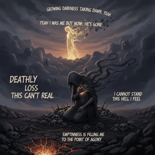 Prompt: Deathly loss this can't be real
I cannot stand this hell I feel
Emptiness is filling me
To the point of agony
Growing darkness taking dawn, yeah
I was me but now, he's gone