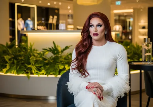 Prompt: A muscular 35-year-old Italian drag queen with dark eyeshadow, dark red lipstick, dark red manicured fingernails, and long, flowing red hair sits gracefully in a modern, upscale environment, exuding confidence and sophistication. She wears a fitted white long-sleeve top adorned with fluffy sleeves and a matching ribbed skirt, accentuating her stylish appearance. Behind her, the elegantly designed interior features a softly lit display area surrounded by lush green plants, enhancing the luxurious ambiance. The warm lighting casts a gentle glow across the scene, while a blend of contemporary decor and sleek furnishings adds to the chic vibe. The overall mood is one of exclusivity and fashion-forward elegance, captured in a relaxed moment..