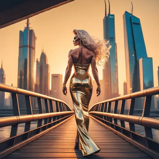 Prompt: A gorgeous muscular 25-year-old Slovenian drag queen bodybuilder in a shiny gold dress walking across a bridge in front of a city skyline with skyscrapers at sunset, Alena Aenami, retrofuturism, synthwave style, cyberpunk art