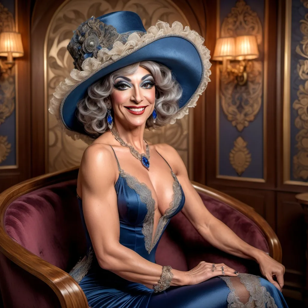 Prompt: photorealistic, (8K), vintage art nouveau portrait, beautiful muscular 45-year-old Turkish drag queen, (regal gown emphasizing Décolletage), lace details, chic shag cut graying hair, (sapphire eyes), big warm smile, milliners hat, (luxurious room ambiance), sitting on (blue divan), intricate decor, soft warm lighting, ultra-detailed textiles, rich color tones, high quality sumptuous environment.