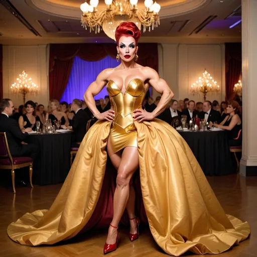 Prompt: 64k his-res digital Full length photograph of a Gorgeous busomy 35-year-old Finnish drag queen bodybuilder with auburn, long updo hair style. (((Gold and red ball gown and high heel shoes))). Dark eye shadow and dark red lipstick. Posing on the dance floor.