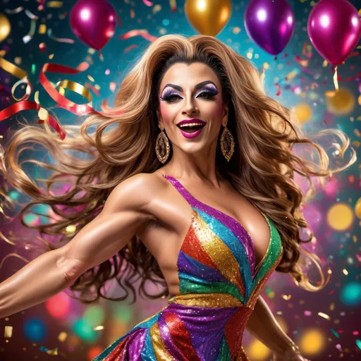 Prompt: Festively dressed gorgeous muscular 30-year-old Turkish drag queen bodybuilder dancing, (vibrant colors), joyous expression, flowing dress adorned with festive patterns, twirling motion, (celebratory atmosphere), radiant lighting, glittering confetti falling around, (high quality, ultra-detailed), joyful energy radiating, festive background filled with colorful decorations, dynamic pose capturing the spirit of celebration.