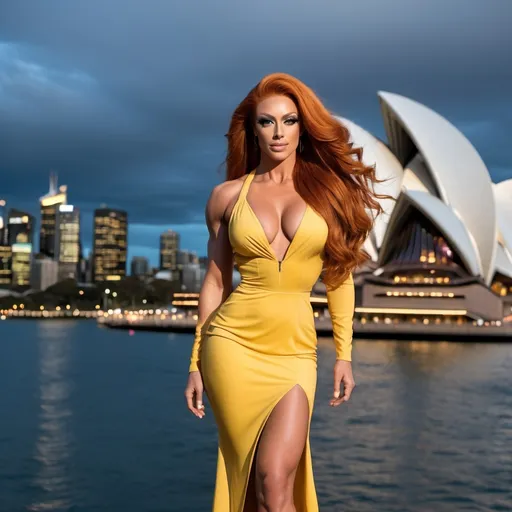 Prompt: Gorgeous ultra-muscular 25-year-old Australian drag queen bodybuilder, very well endowed, ultra-long thick ginger hair (((blowing in the wind))), wearing a light yellow knee-high sundress, and 8 inch stiletto high heel shoes standing in front of the Sydney Opera House at night. Muscular physique. 