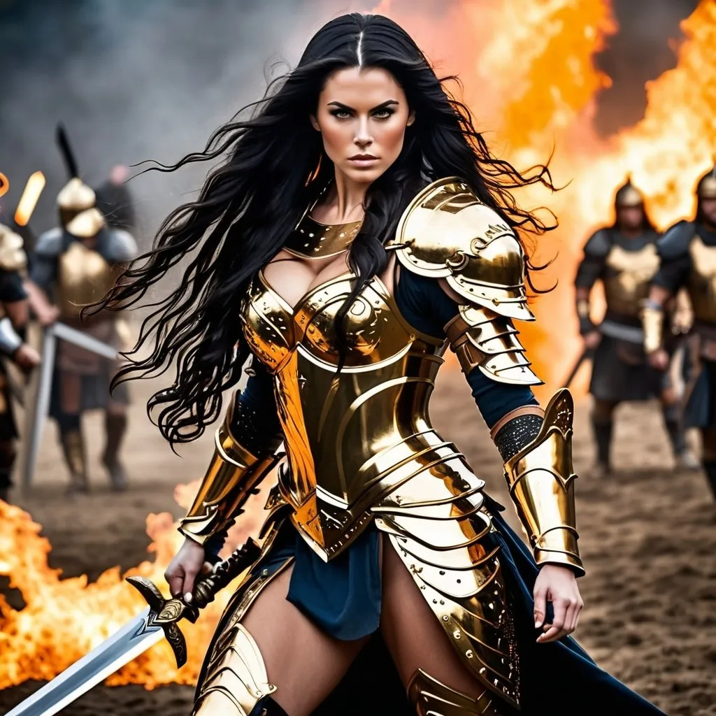 Prompt: Gorgeous ultra-muscular 25-year-old Swedish goddess with huge busom and ridiculously long wavy black hair, dressed as a warrior princess in complete shimmering golden steel armor and a gleeming golden longsword in the midst of a bloody and fiery battle.