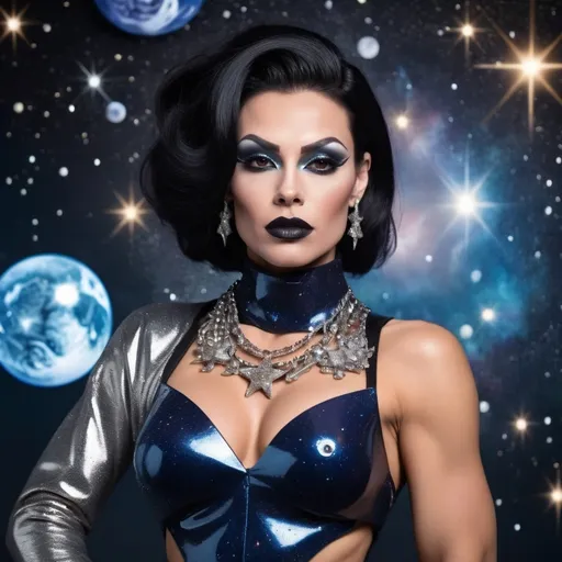 Prompt: Gorgeous muscular 35-year-old Romanian drag queen bodybuilder (with large busom, dark eyeshadow,  dark lipstick,  and short sassy black hair), in a Chanel outer space look, (high fashion) in a cosmic setting, (futuristic) garments with glittering textures and unique cuts, stars and planets sparkling in the background, (deep blue and silver tones) creating a dreamlike atmosphere, dramatic lighting that highlights intricate details of the clothing, (elegant) poses showcasing style, (ultra-detailed) and vivid imagery, atmosphere as if in an interstellar boutique.